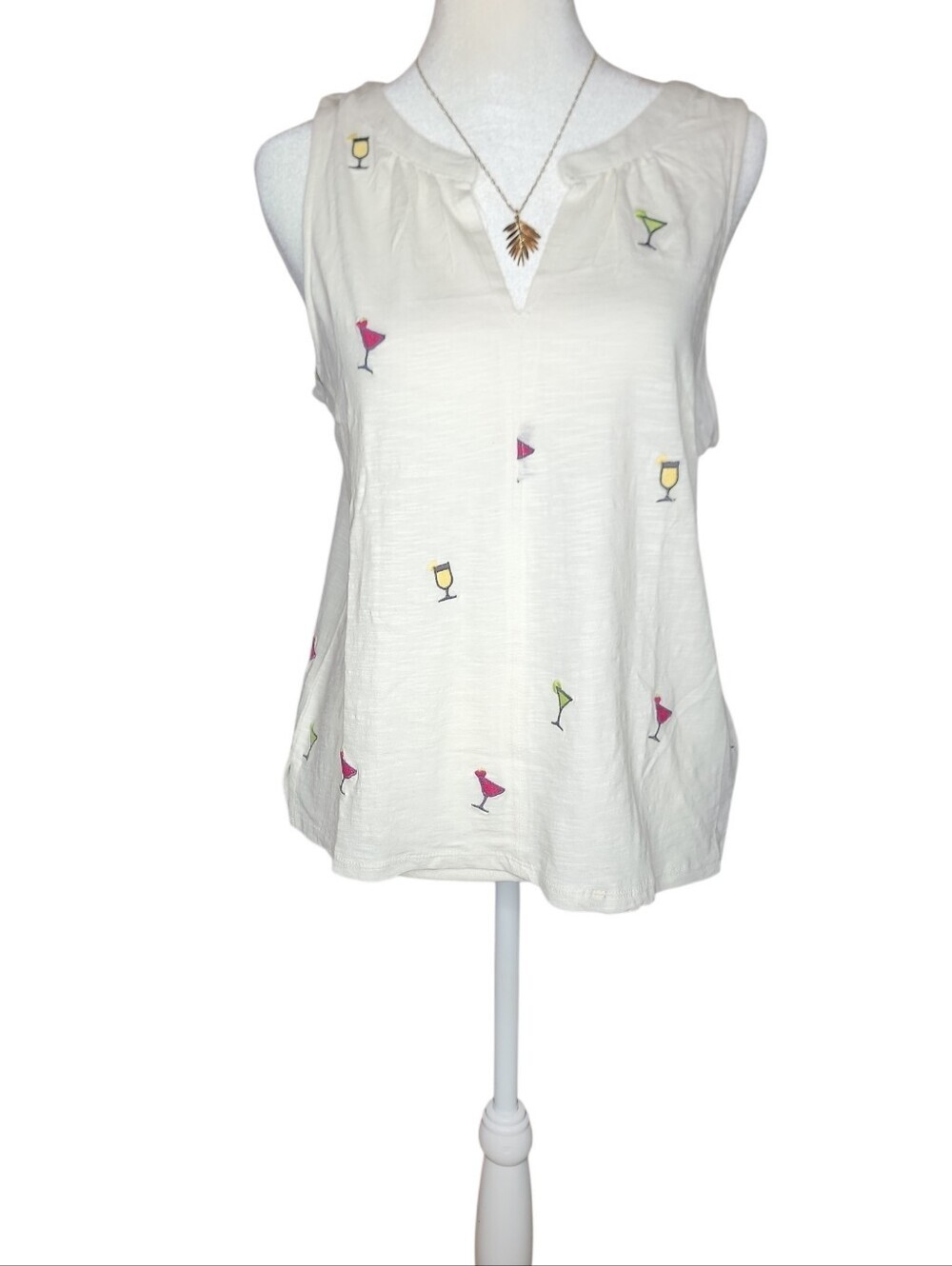 Cream Embroidered Cocktail Print Sleeveless Top